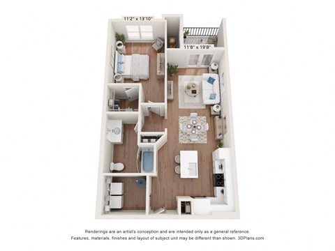 Floor plan for 1 bed, 1 bath, 886 sqft